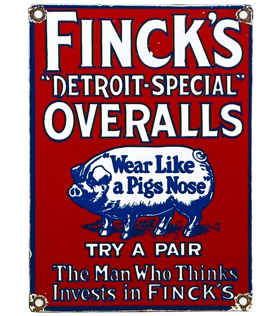 VINTAGE FINCK'S OVERALLS PORCELAIN SIGN PIG FARM FINKS LEVIS LEE DETROIT GAS OIL