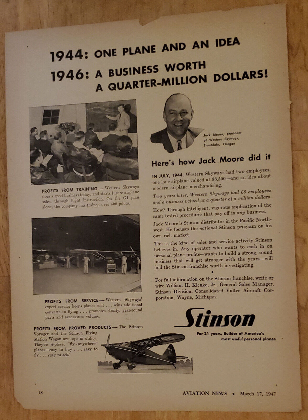 1947 STINSON VOYAGER Airplane Advertisement 1B17