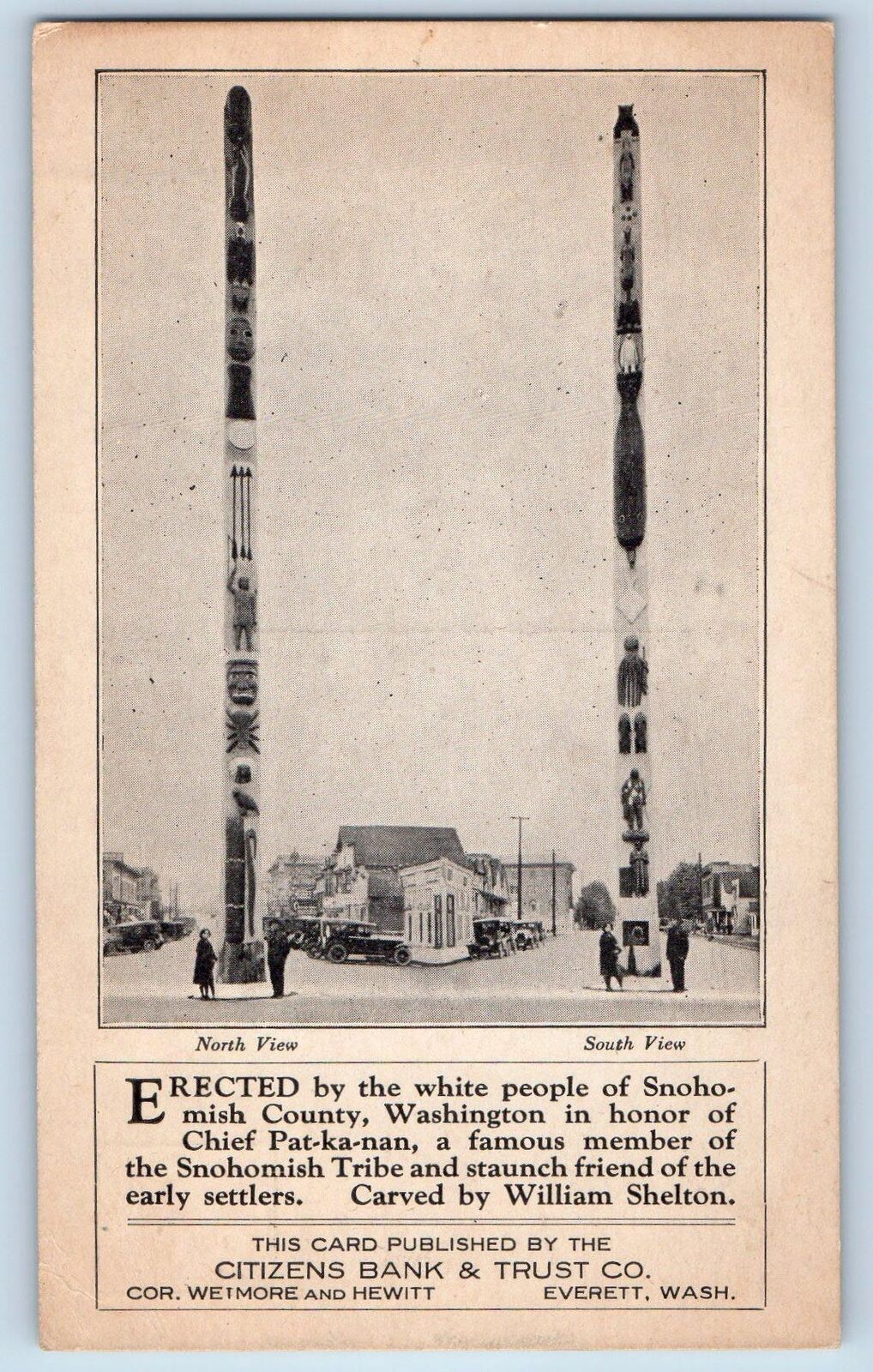 Everett Washington WA Totem Poles Postcard Snoqualmie Indian Chief c1920's