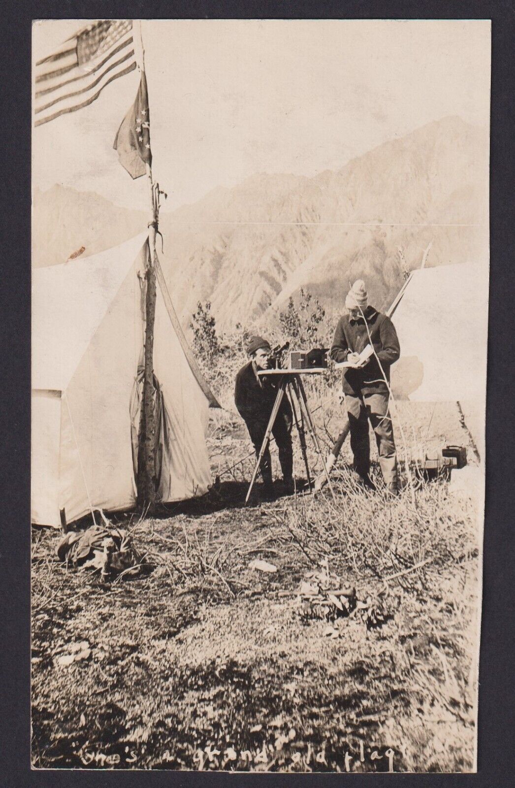 c 1912 RPPC Tents Flags Men Surveyors Alaska