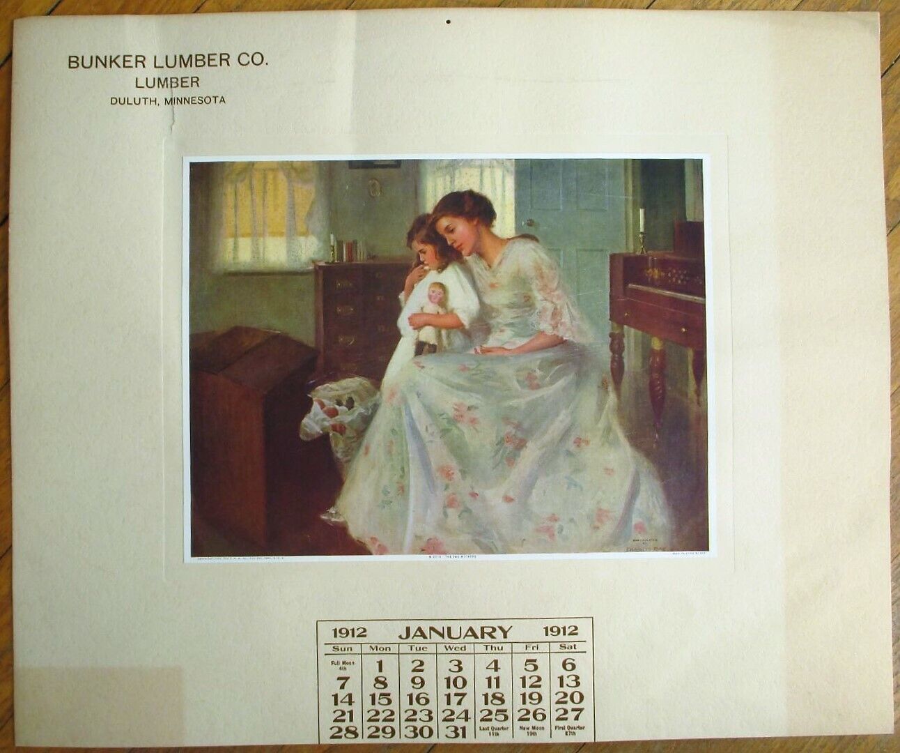 Duluth, MN 1912 Advertising Calendar: Bunker Lumber Co. - Mother & Daughter-Minn