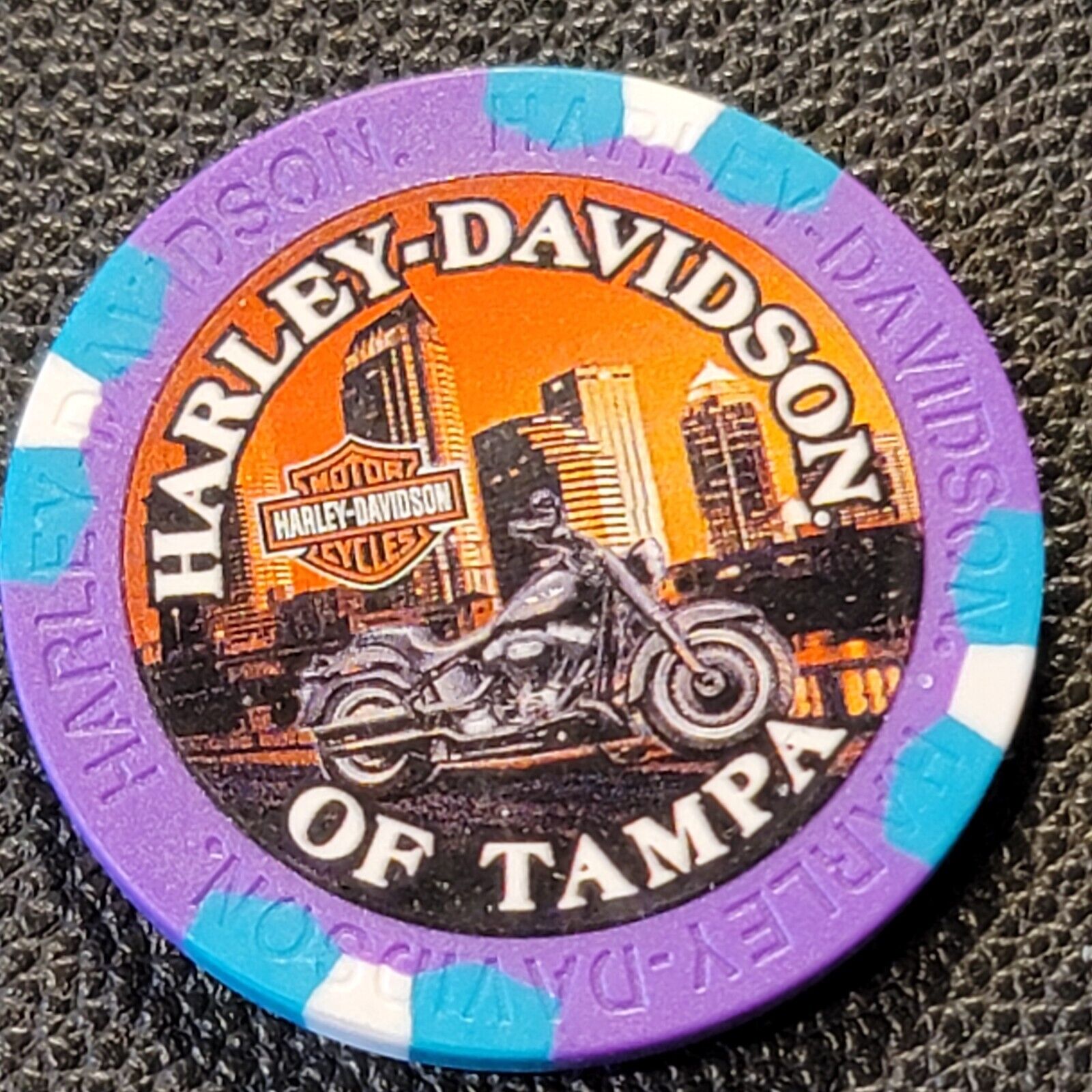 HD OF TAMPA (Purp/Teal Wide Print) FLORIDA ~ Harley Davidson Poker Chip (CLOSED)
