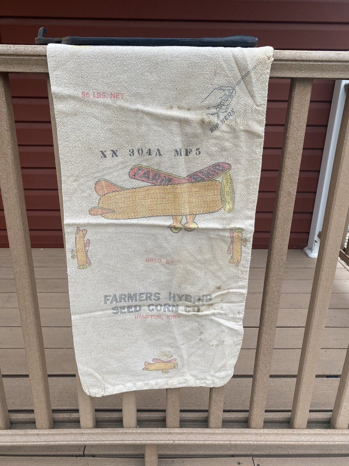 Vintage FARMERS HYBRID Seed Corn Cloth Sack FARM BRID 56 lb. Sack HAMPTON IOWA