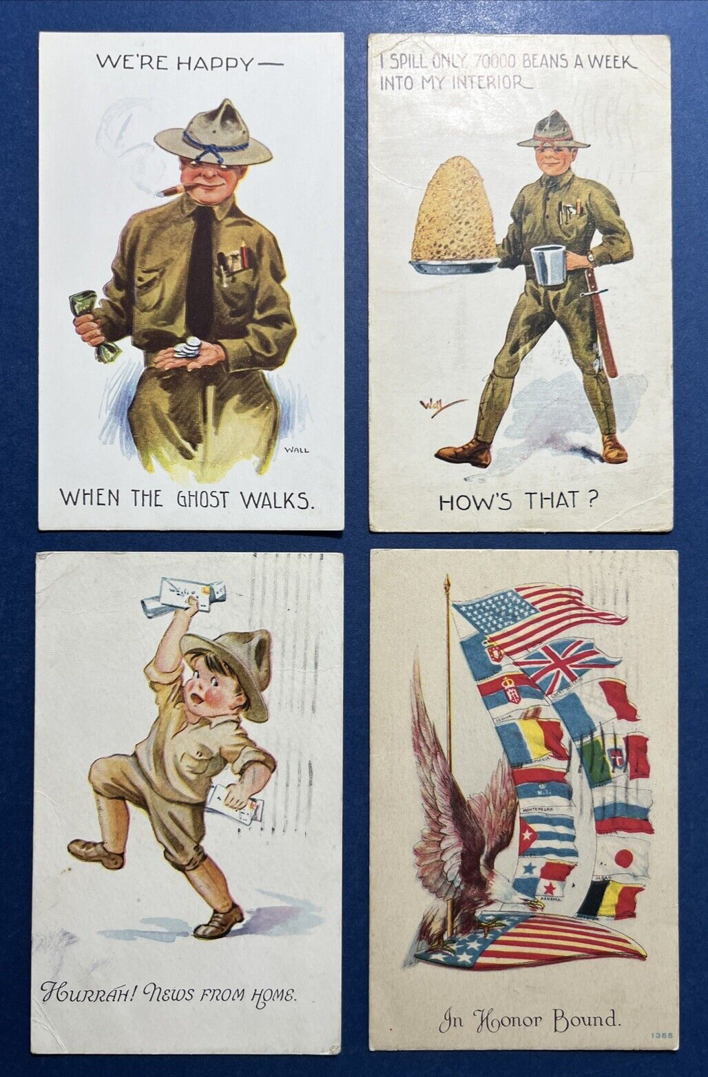 4 World War I era Antique Patriotic Postcards. 2 Artist Signed: Wall. Comic