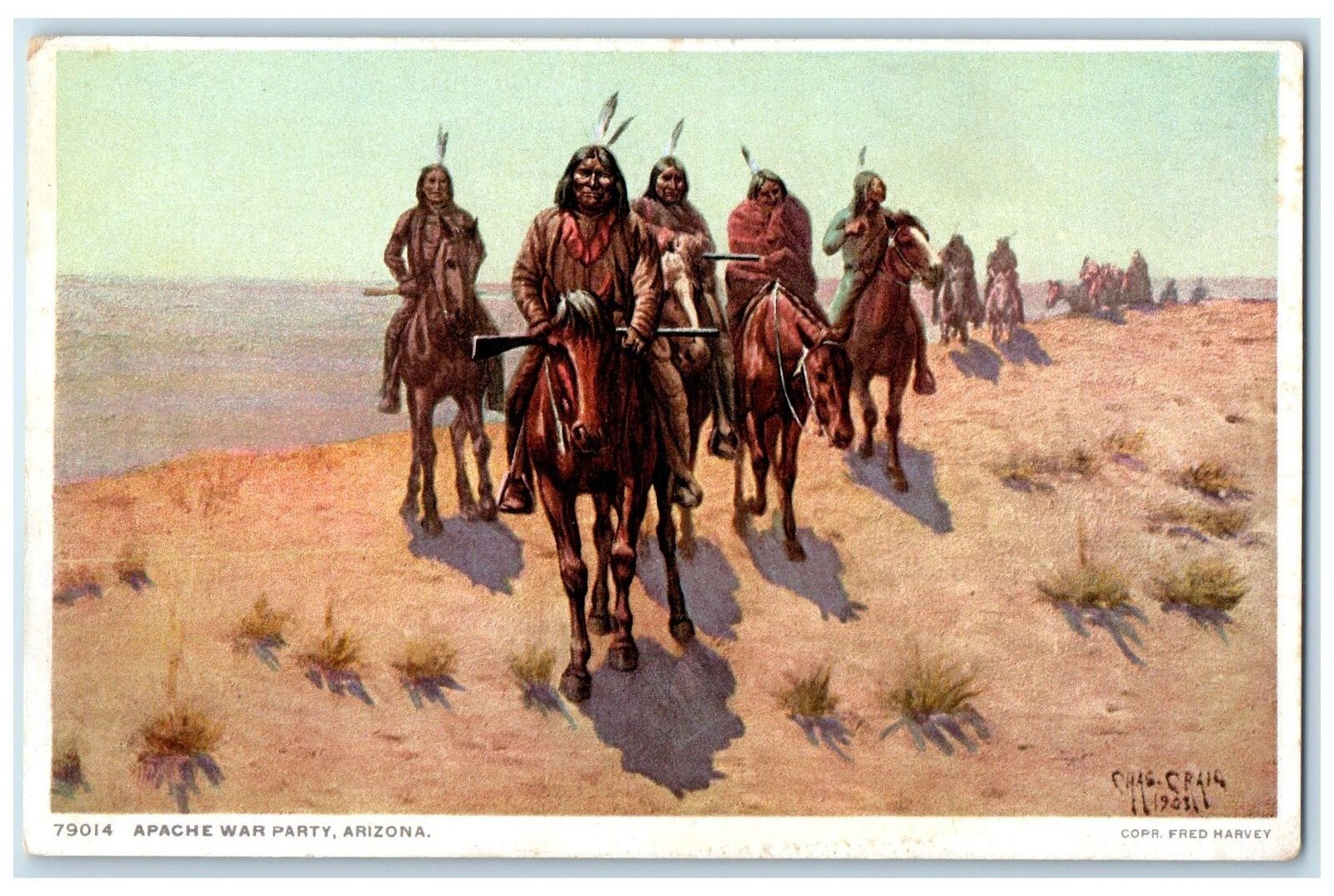 c1940\'s Apache War Party Scene On Santa Fe Arizona AZ Unposted Vintage Postcard