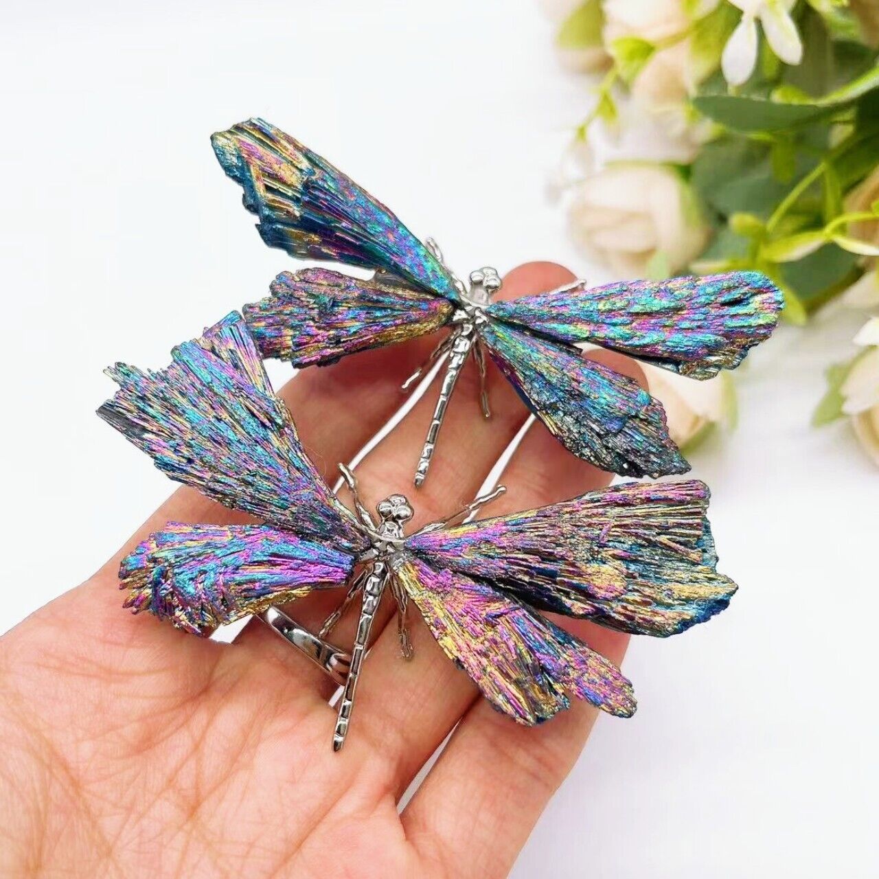 2PCS Natural Colorful Kyanite Silver Dragonfly Crystal Stone Butterfly Figurine