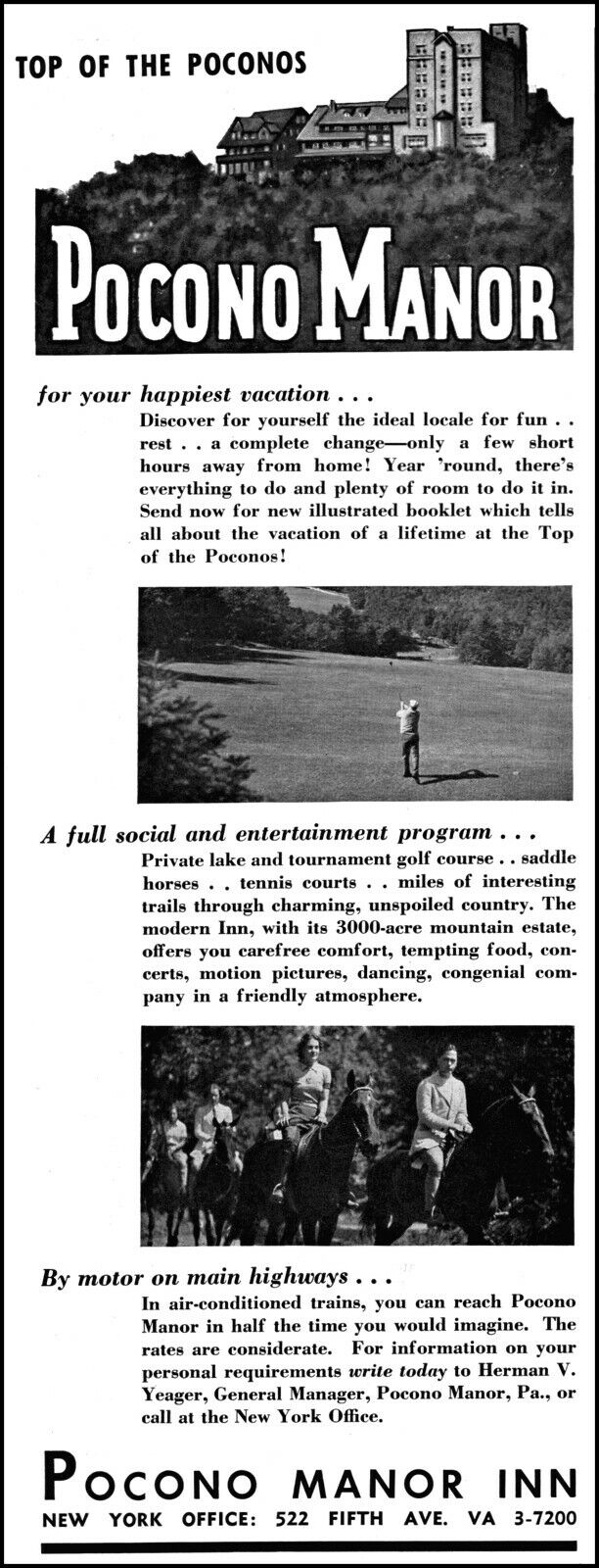 1938 Pennsylvania Pocono Manor Inn Resort vacation vintage photo print ad L47