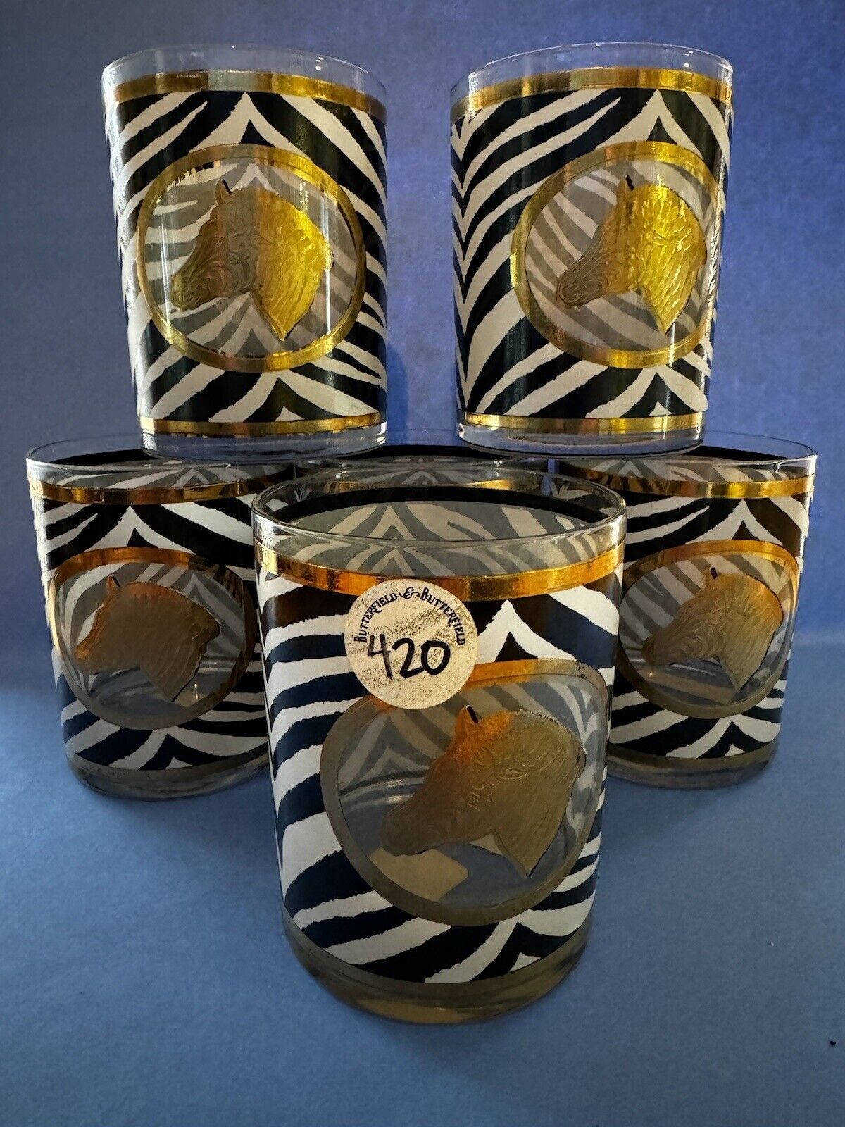 Vintage Set of 6 Cera Zebra Old Fashion Glasses Owned by Liberace.