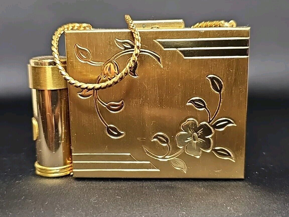 Compact Lipstick Cigarette Case Vintage 1940s Brass Purse Chain Strap Puff
