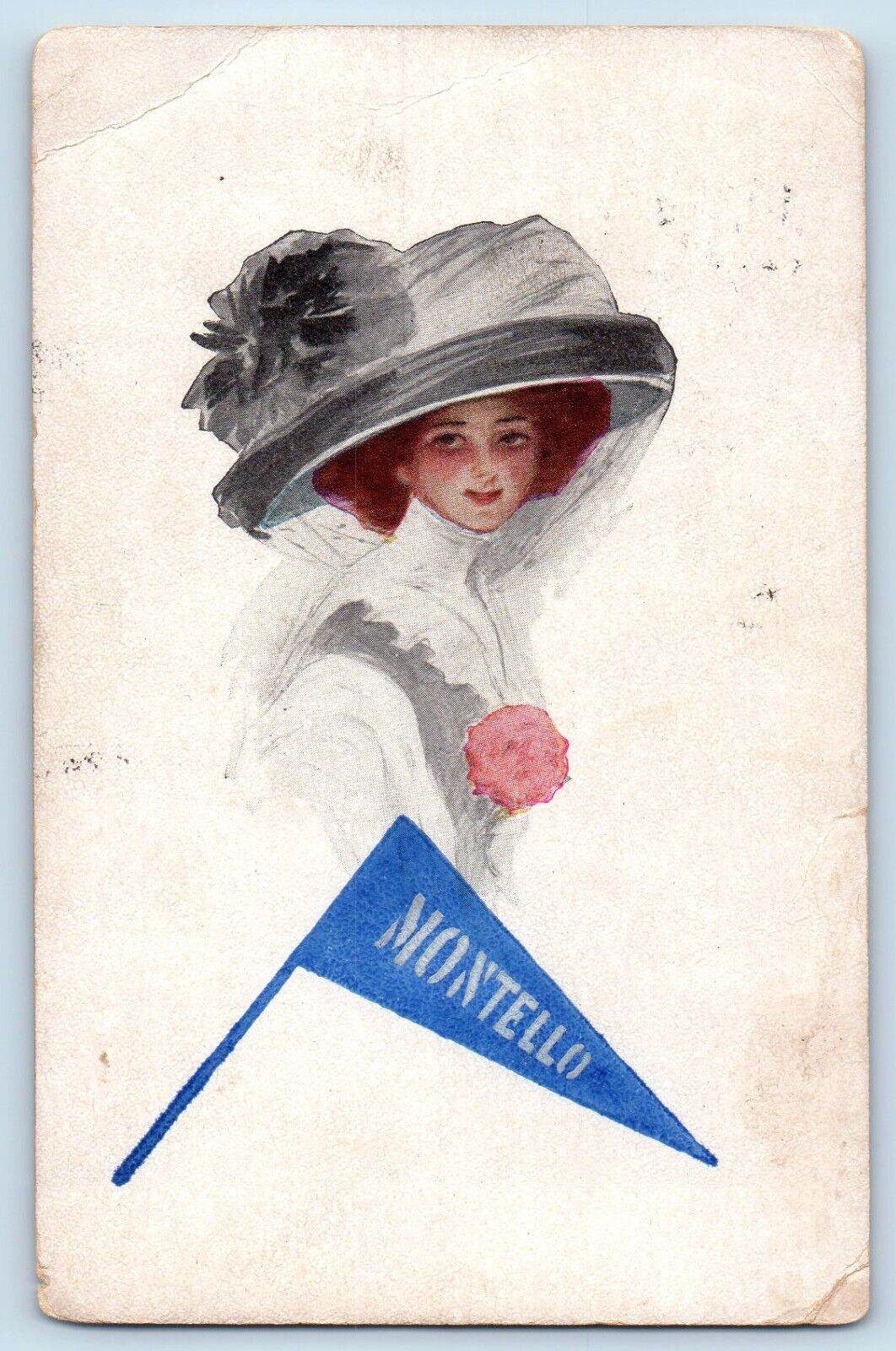 Montello Wisconsin WI Postcard Woman Wearing Hat Pennant c1912 Vintage Antique