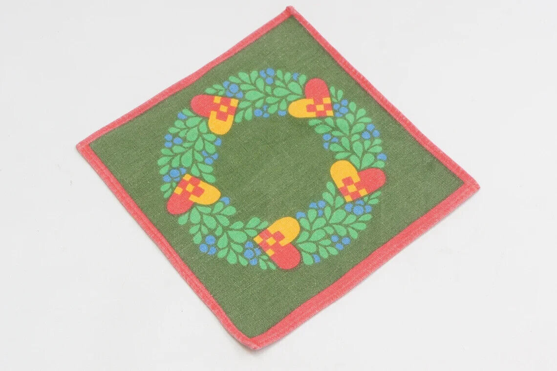 Vintage 60s Small Heart Wreath Print Swedish Christmas Tablecloth Linen