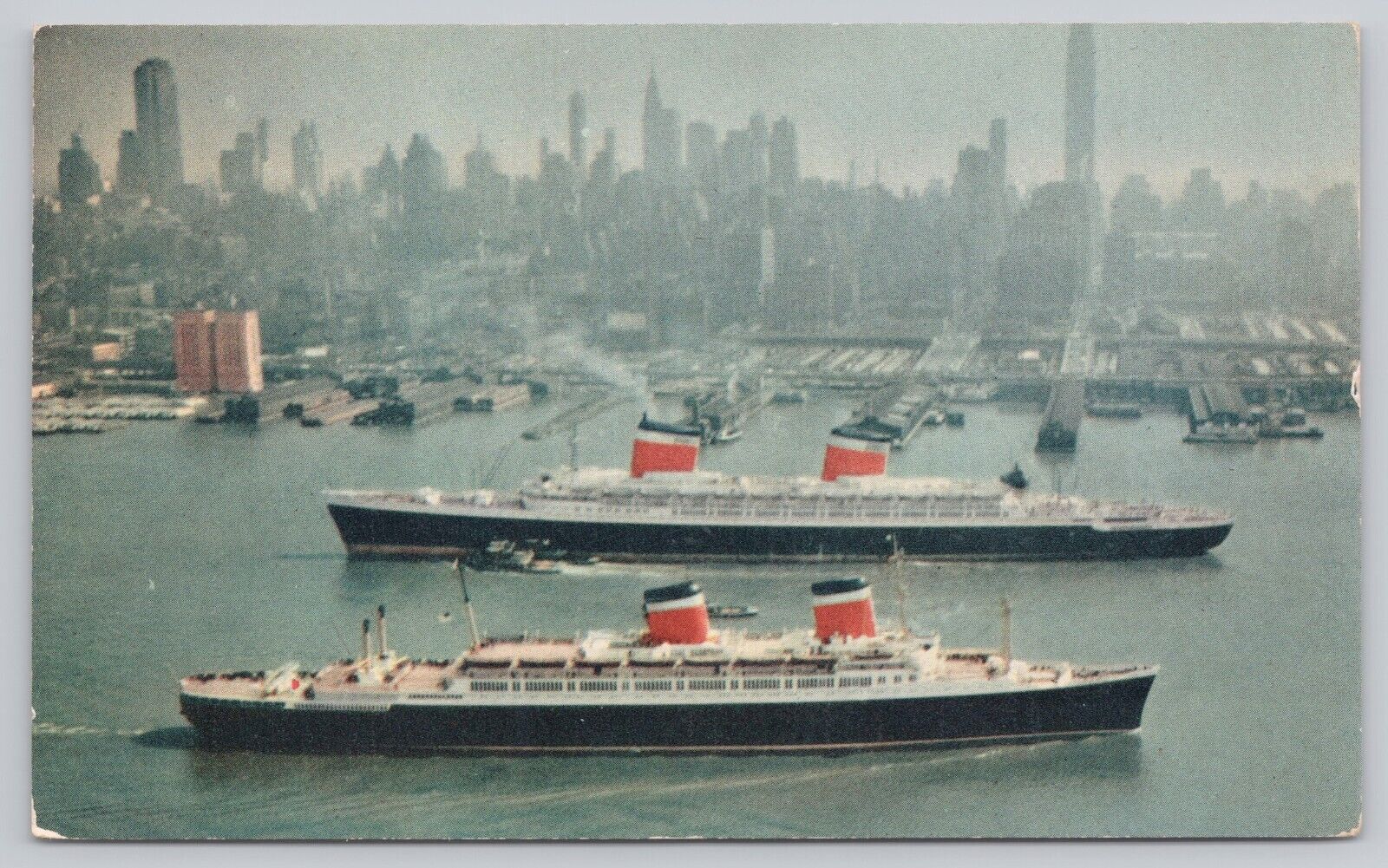 New York City New York, SS United States & America Passenger Ships, VTG Postcard