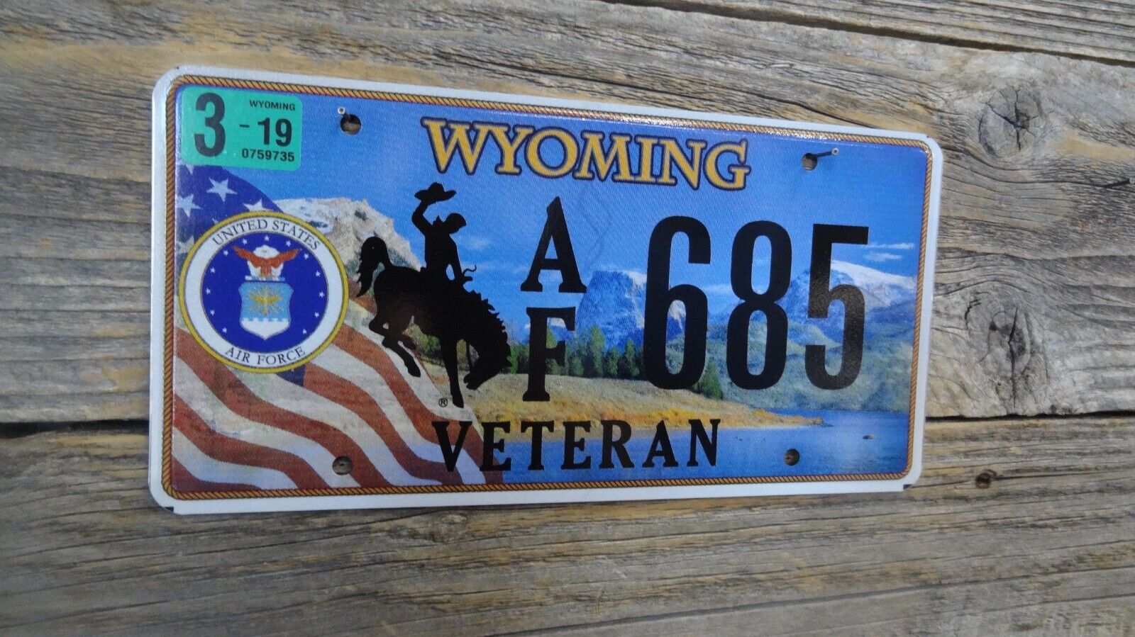 2019 Wyoming Cowboy Bucking Horse Air Force Veteran low # rear license plate