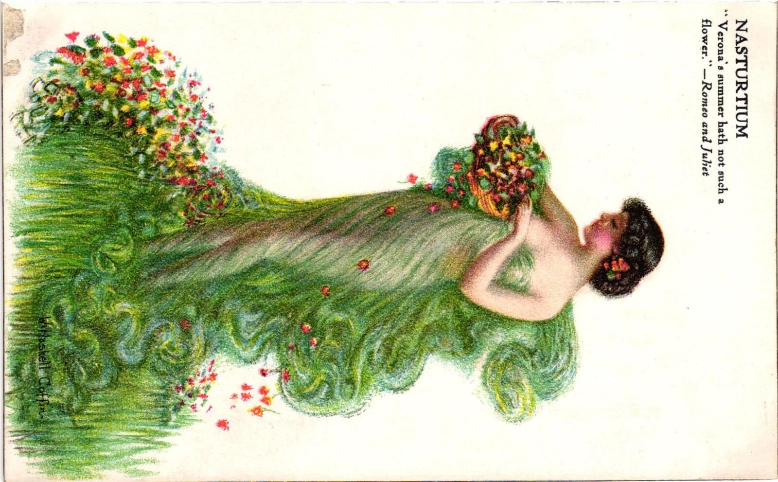 Vintage Postcard- A woman in green floral dress, States Restaura UnPost 1960s
