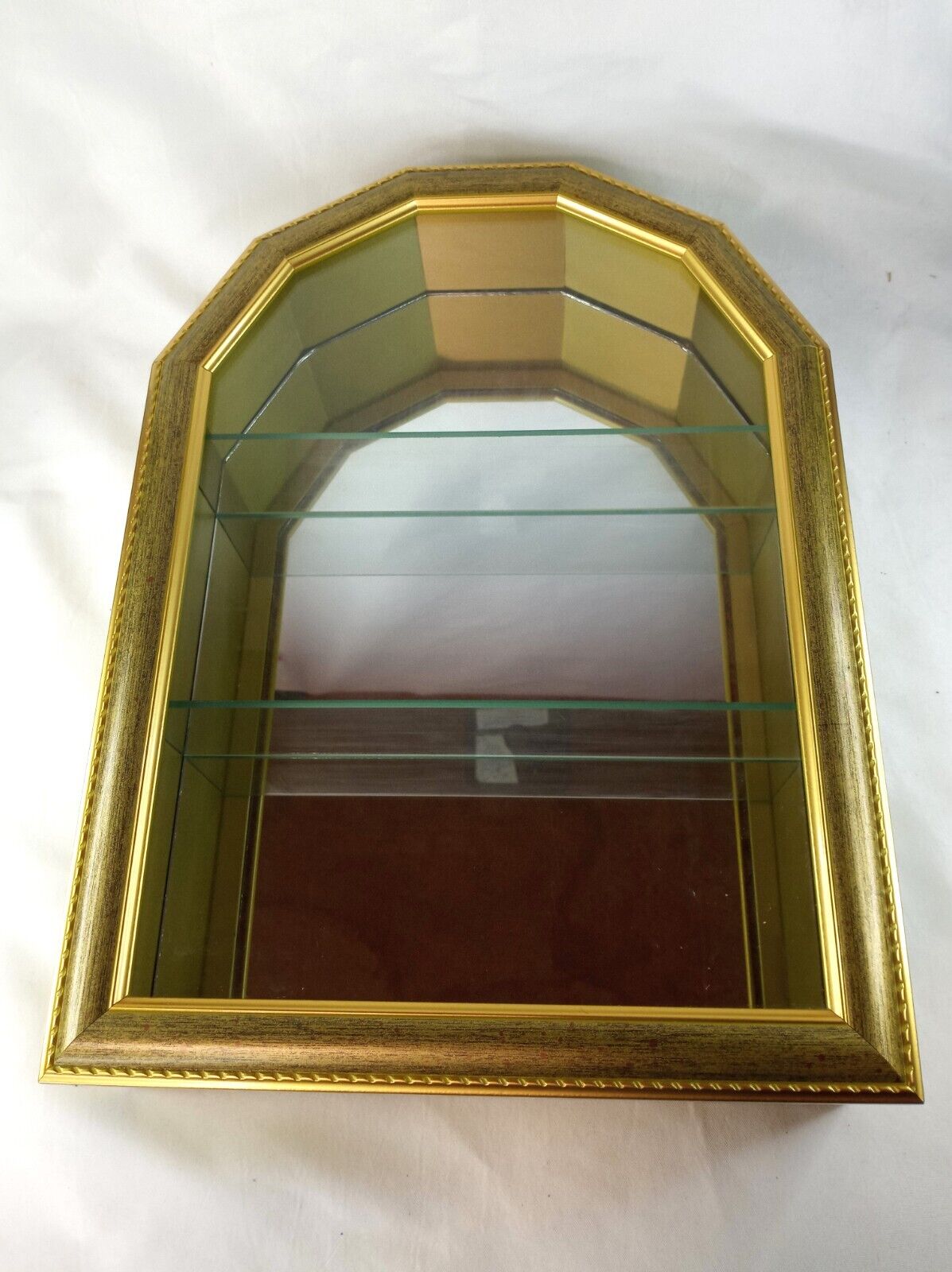 Mid Century Vintage Curved Arched Glass Mirrored Wall Curio Cabinet Hang Shelf