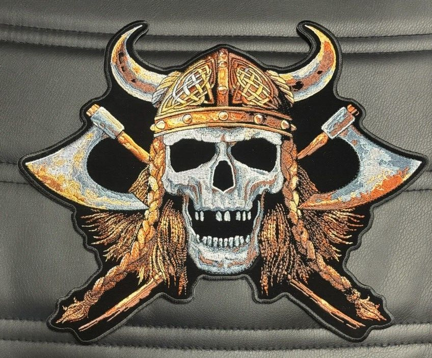 VIKING SKULL WITH AXES LARGE BACK BIKER PATCH IRON ON 12X10 INCH