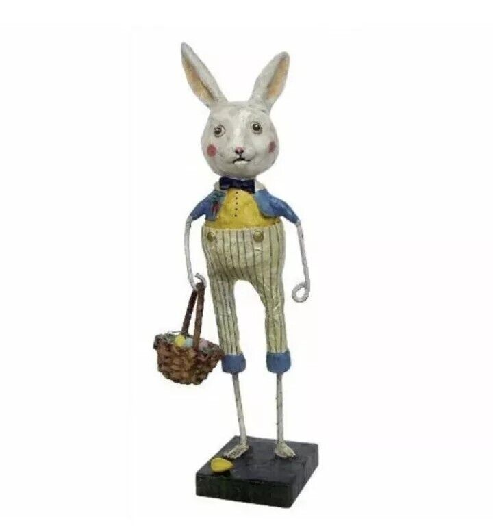 Lori Mitchell Easter Bobby Bunny White Rabbit Folk Art Figure Boy Basket Eggs 8”