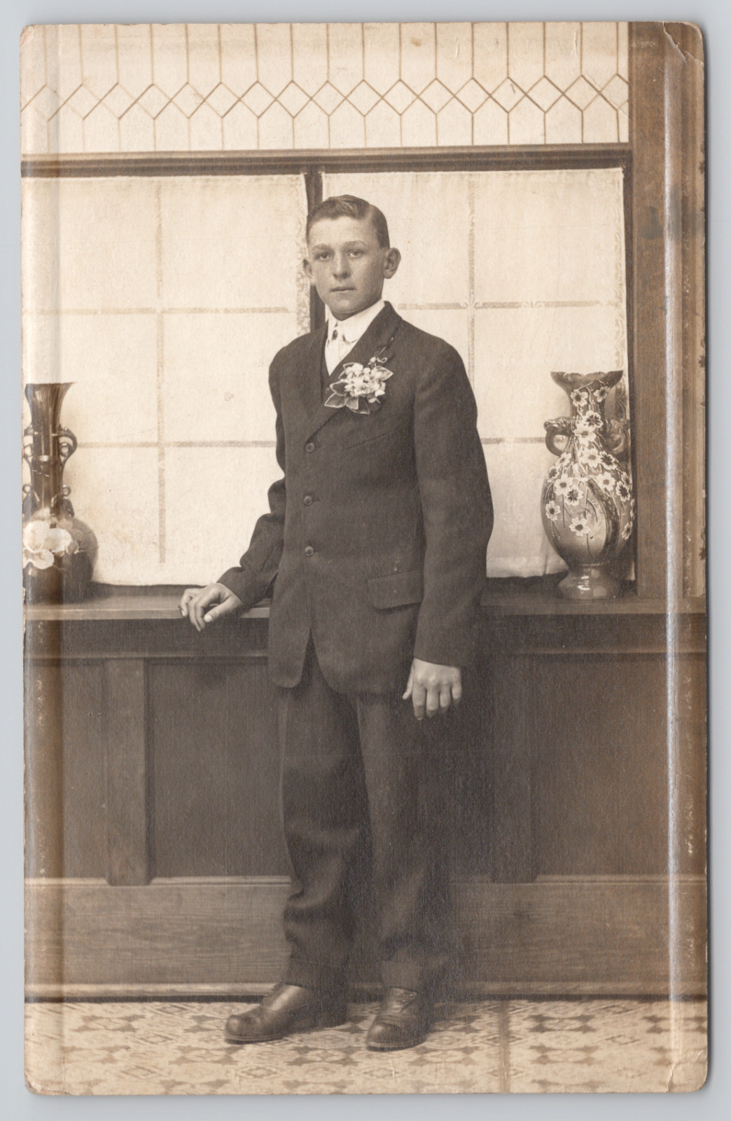 RPPC Young Man Wearing Suit In Studio c1910 Real Photo Postcard