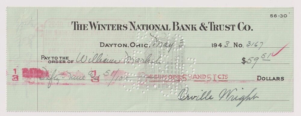 Orville Wright signed check
