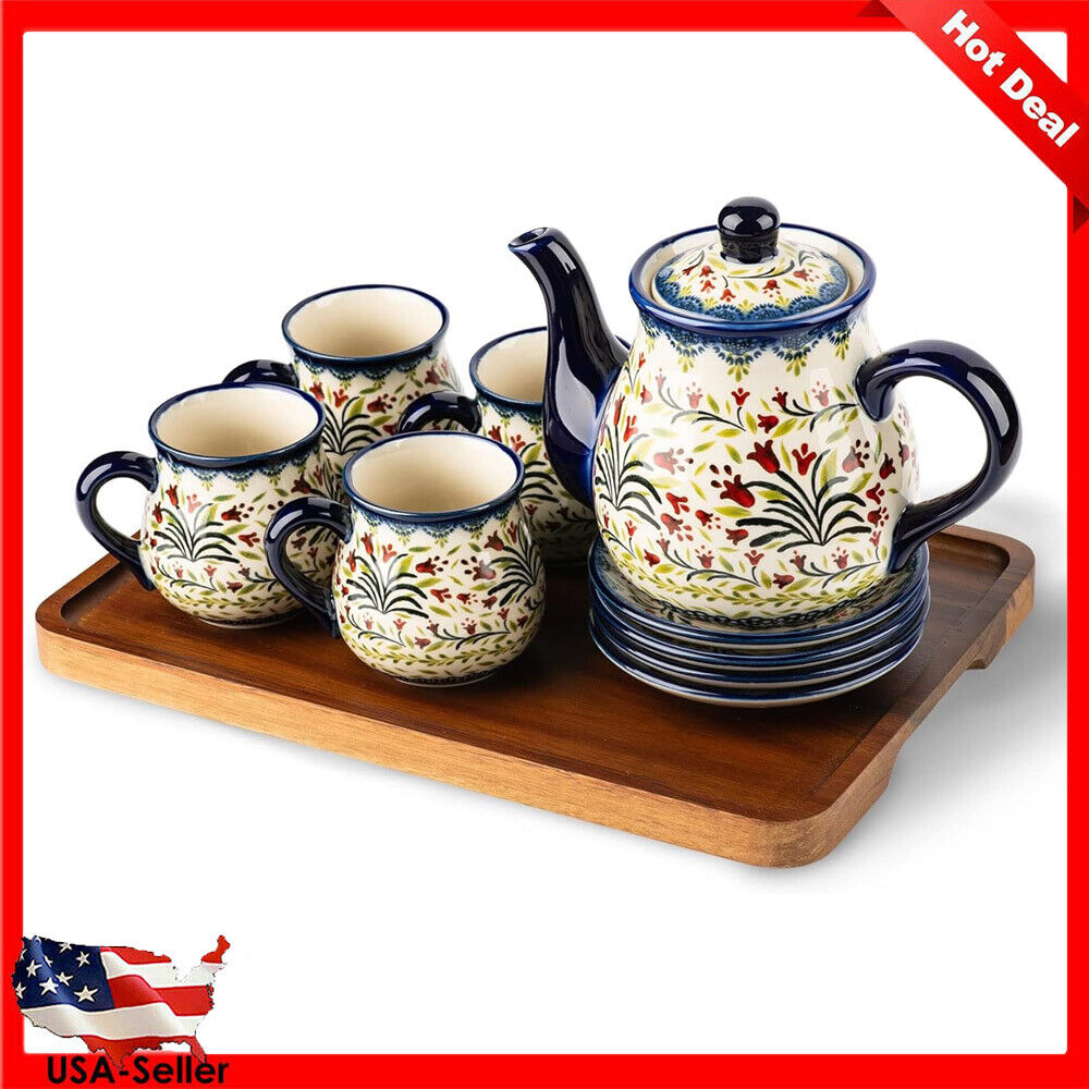 Tea Set Porcelain Ceramic W/ Cup Sauce Wooden Tray Dining Kitchen 10 Piece New