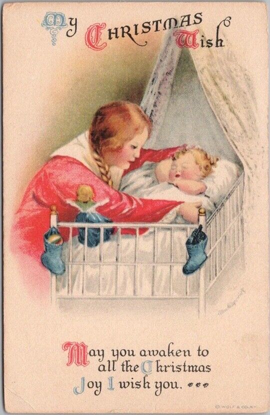 c1910s WOLF Artist-Signed CLAPSADDLE Postcard Mother w/ Baby in Bed / UNUSED