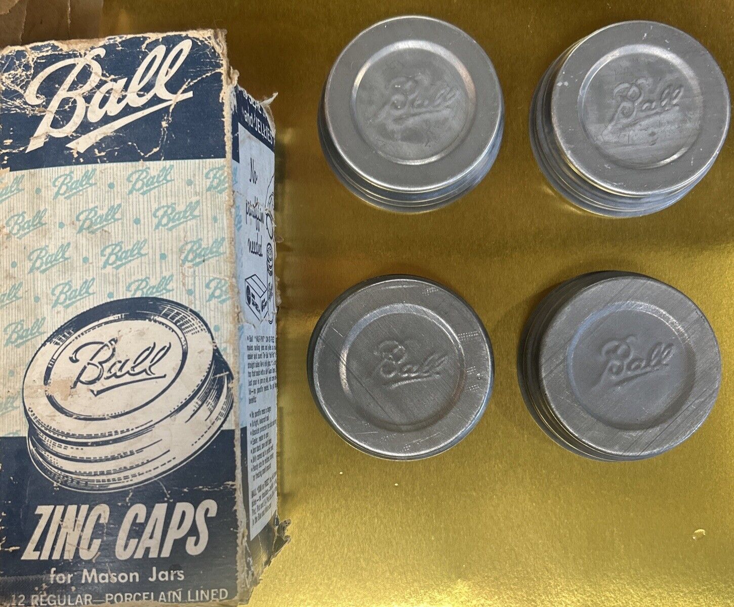 4 BALL ZINC REGULAR 3” JAR LIDS WHITE PORCELAIN LINERS WITH ORIGINAL BOX Vintage