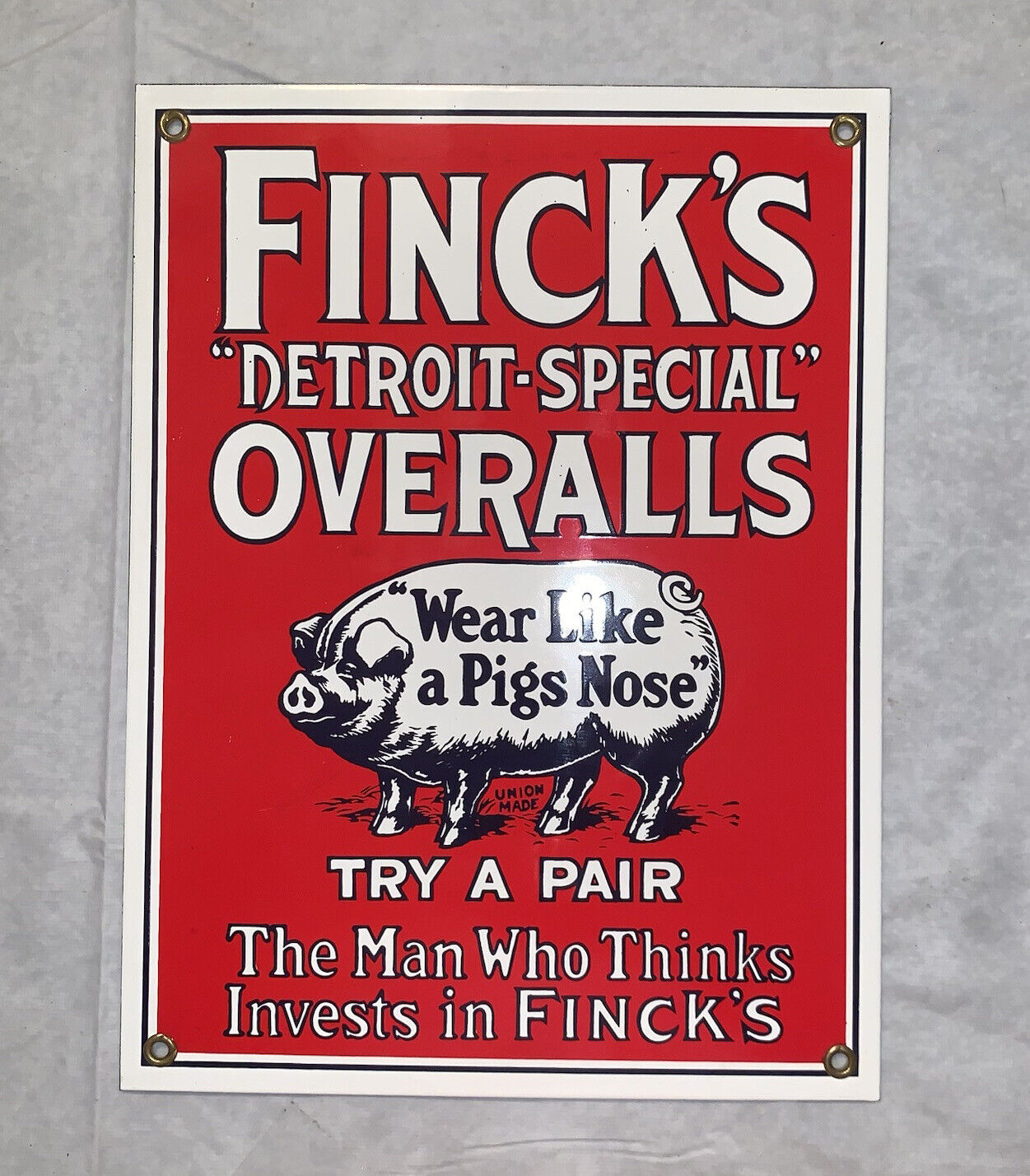 Vintage Fincks Overalls Enamel 12”x9”Sign Textile Factory Detroit Special Pig