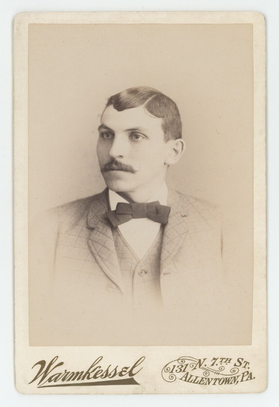 Antique Circa 1880s Cabinet Card Handsome Man Mustache & Bow Tie Allentown, PA