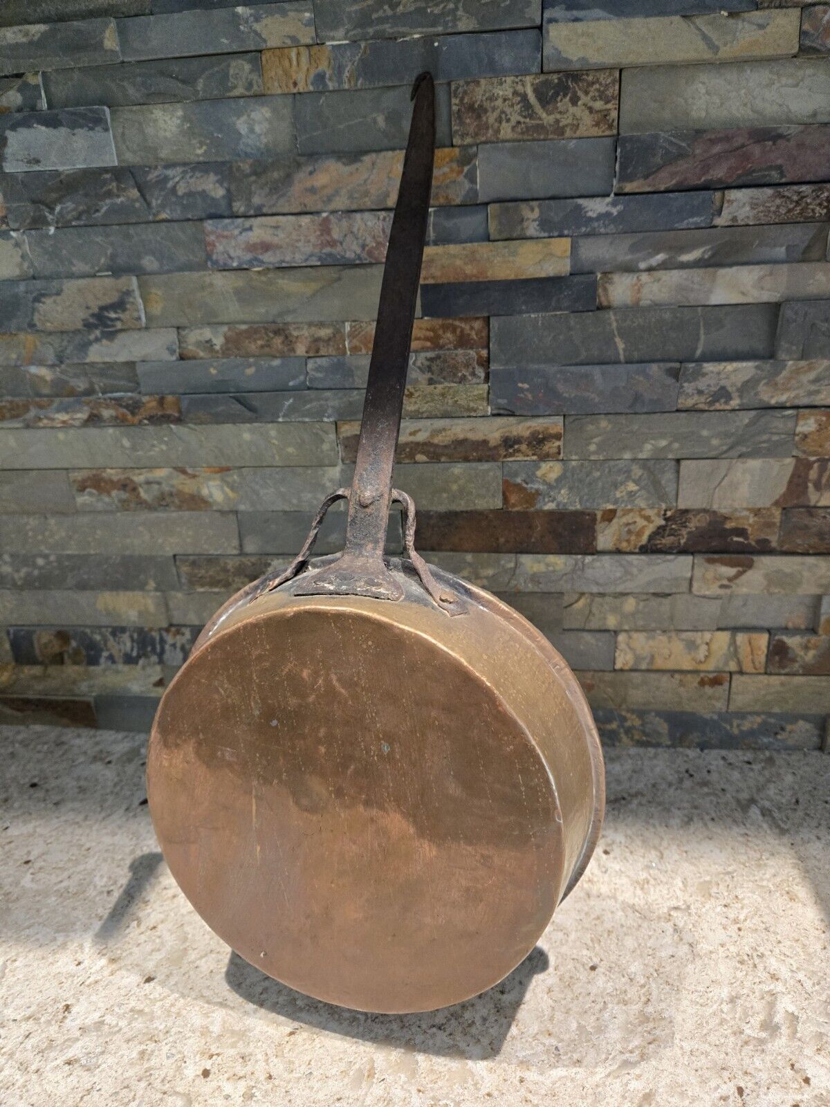 Antique Rustic Vintage Decor  Copper Pan, Hand Forged Iron Handle. 