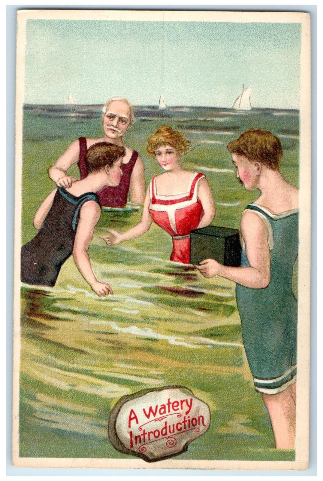 c1910's A Watery Introduction Bathing Beauty Camera Embossed Antique Postcard