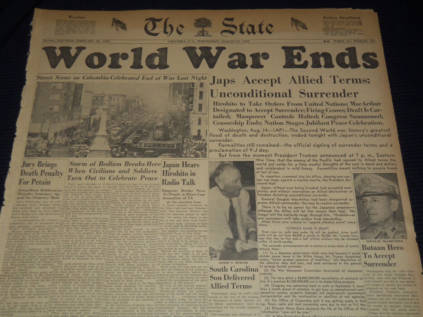 1945 AUGUST 15 THE STATE NEWSPAPER - WORLD WAR ENDS - COLUMBIA SC- NT 9572