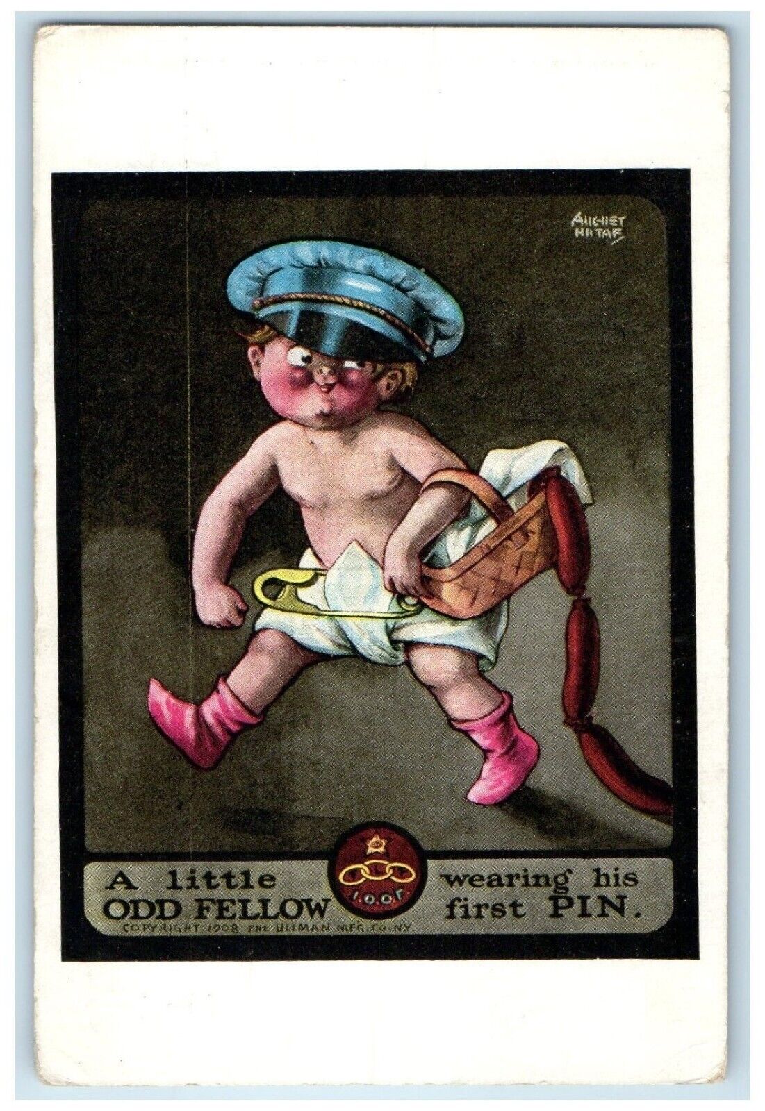 c1910's A Little Off Fellow Wearing First Pin IOOF Masonic Antique Postcard