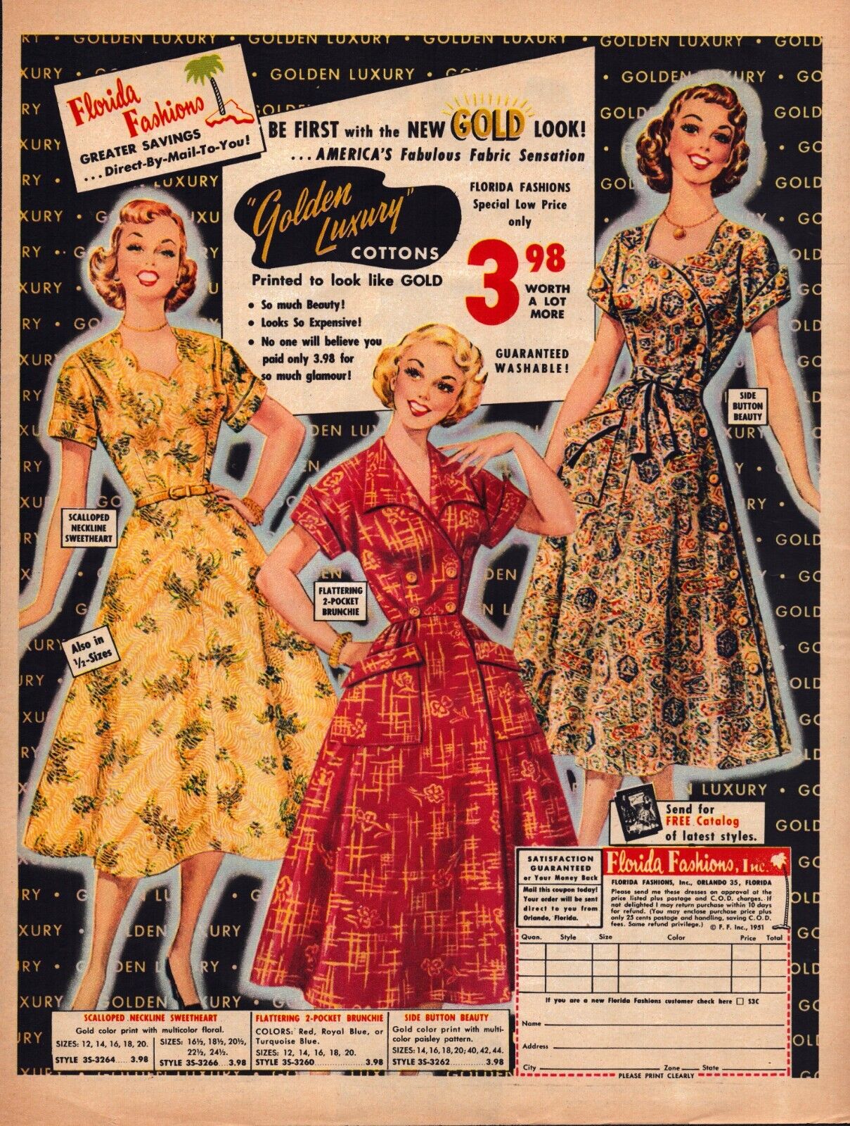 1951 Florida Fashions Golden Luxury Cottons Dresses Color Vintage Look Print Ad