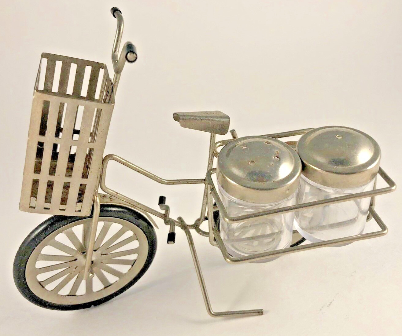 Vintage Mid Century Bicycle Salt & Pepper Shaker Toothpick Holder Metal        