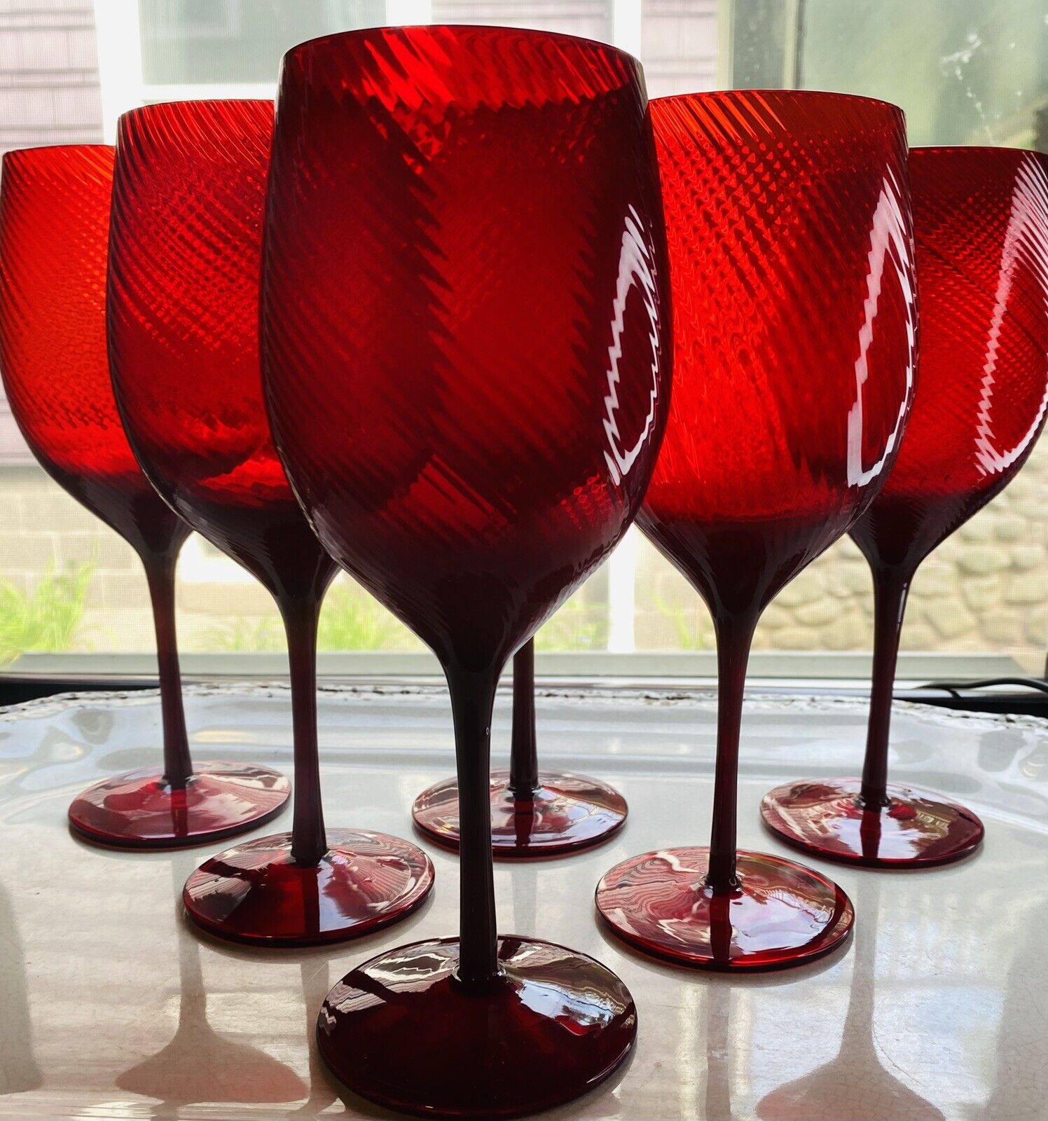 Rare Ralph Lauren Sutton Ruby Red Optic Swirl Wine Glass Set Of 6 Stunning