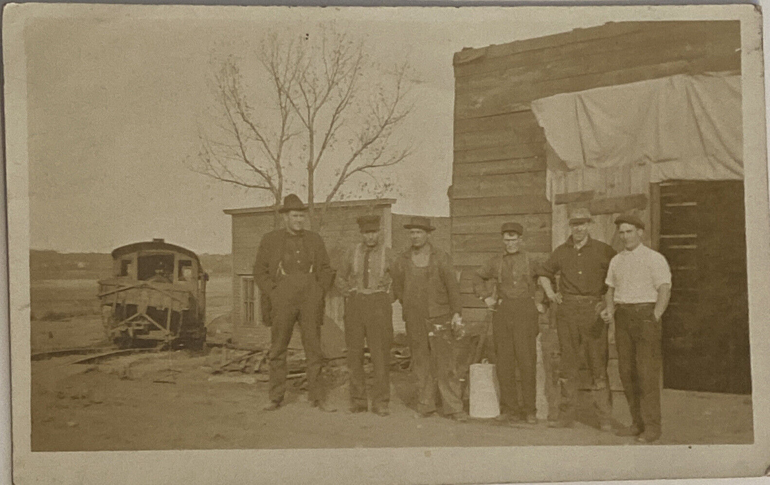 RPPC Railroad Men Workers Old Building Train Vintage Real Photo Postcard