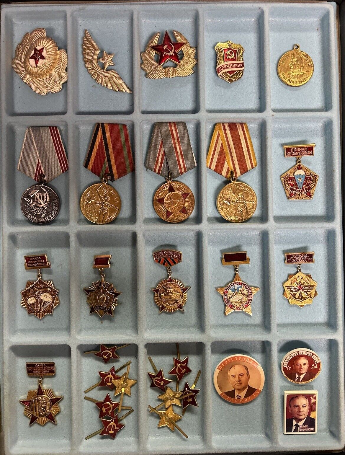 Vintage Russian USSR Collection of Pin Badges From 1970-1990s In Vintage Box