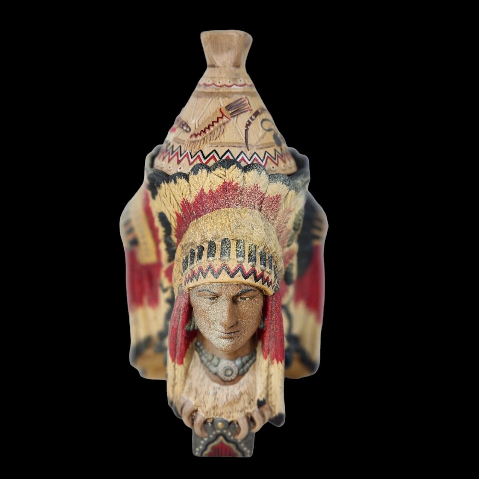 Vtg Native American 3 Indian Chiefs Heads Ceramic Jar w Teepee Lid Artist Signed