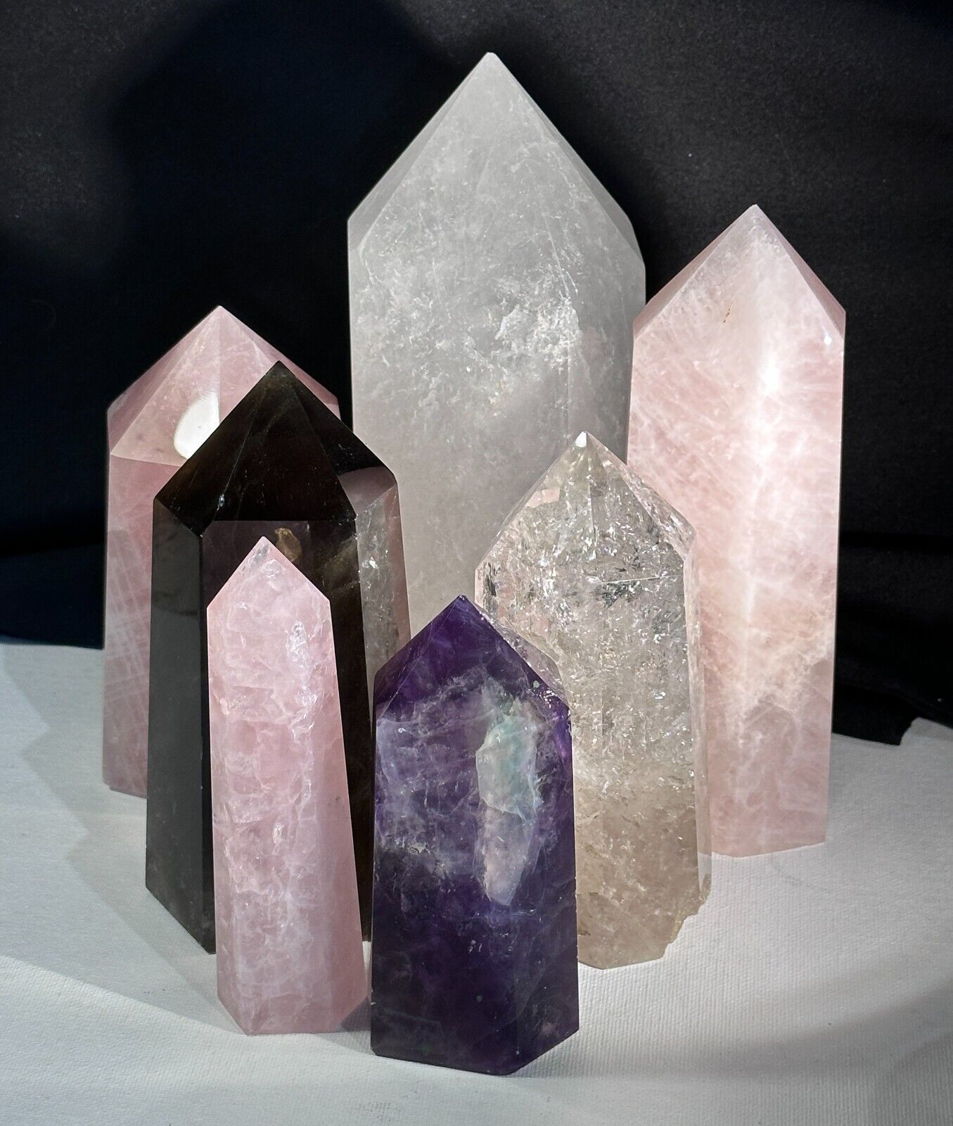 7 Tower Point Heal Crystals Clear Rose Smoky Amethyst 11 pounds 6oz total weight