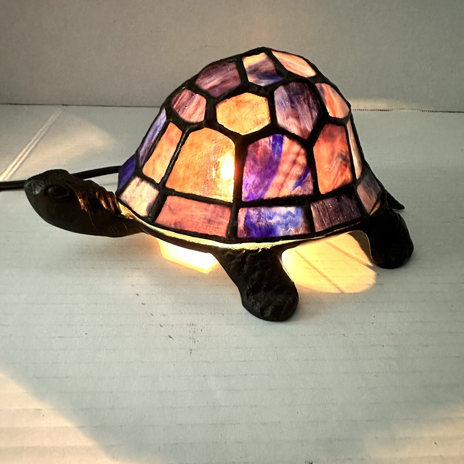 Stained Glass Mosaic Turtle Lamp Leaded Frame Blue Tiffany Style Vintage