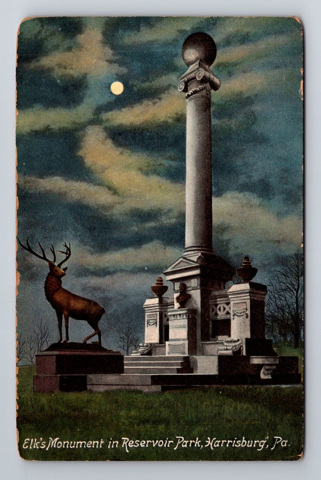 Harrisburg PA-Pennsylvania, Elk\'s Monument By Moonlight, Vintage Postcard