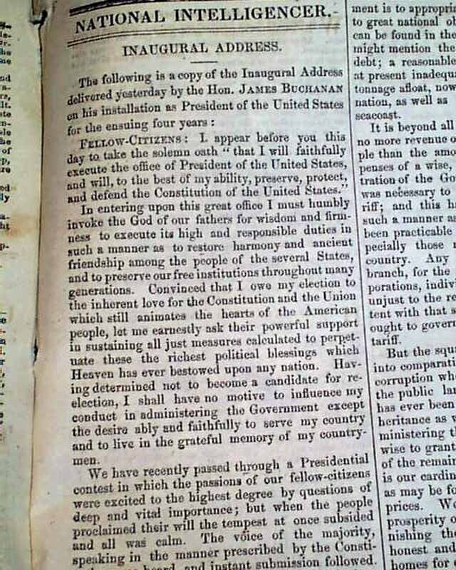 Best James Buchanan Presidential Inauguration Inaugural Address 1857 Newspaper