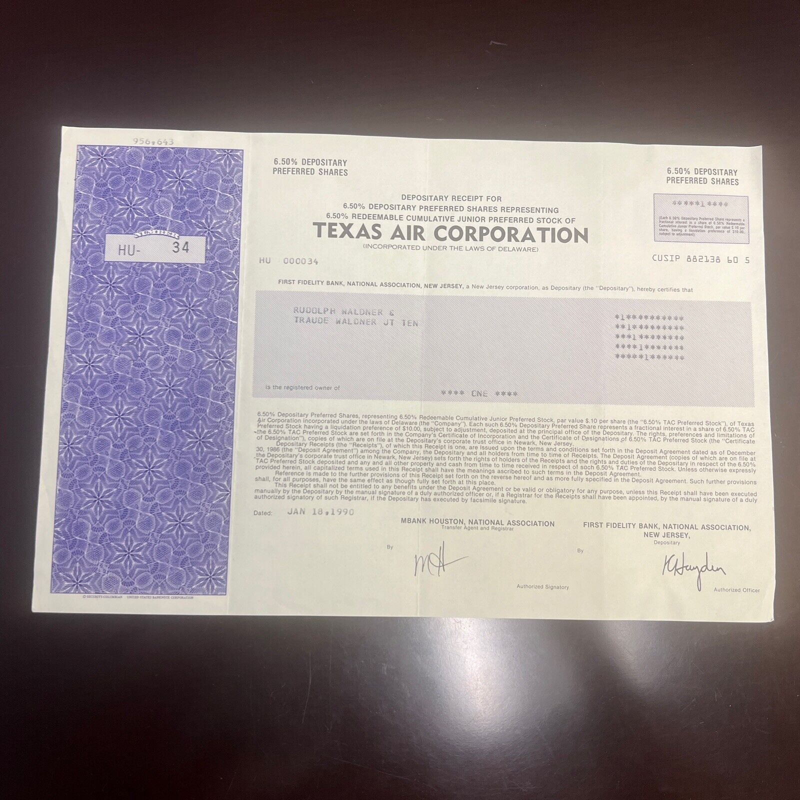 Texas Air Corporation 1990 Junior Preferred Stock Certificate