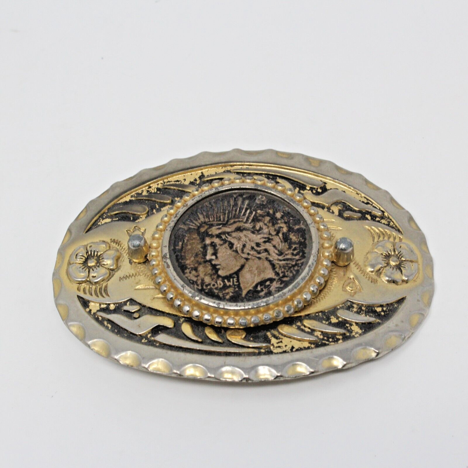Morgan Silver Dollar Belt Buckle 1922 Peace Western Gold on Black Oval Metal