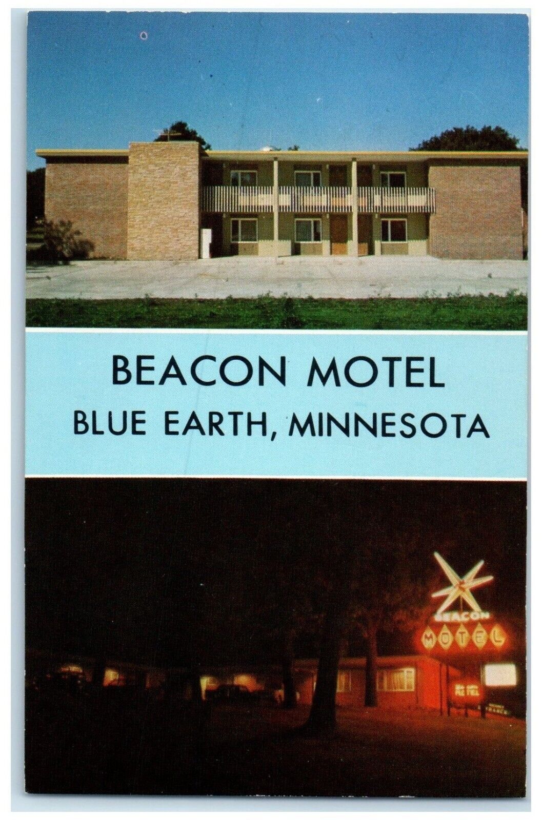 c1960's Beacon Motel Blue Earth Minnesota MN Dual View Unposted Vintage Postcard