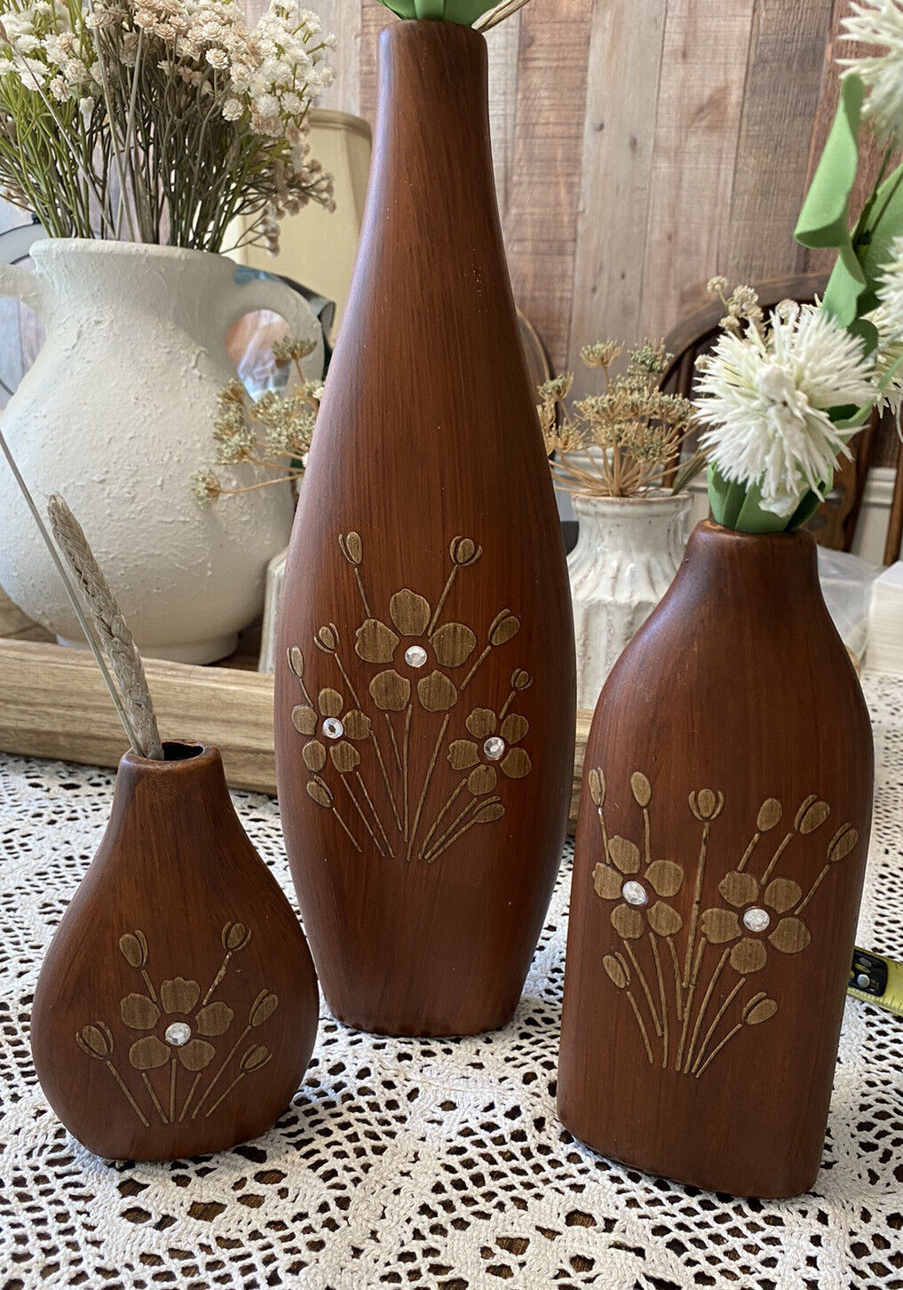Vintage 1970s Vases Set Of 3, Wood Painted Glass Vases Bohemian MCM Floral
