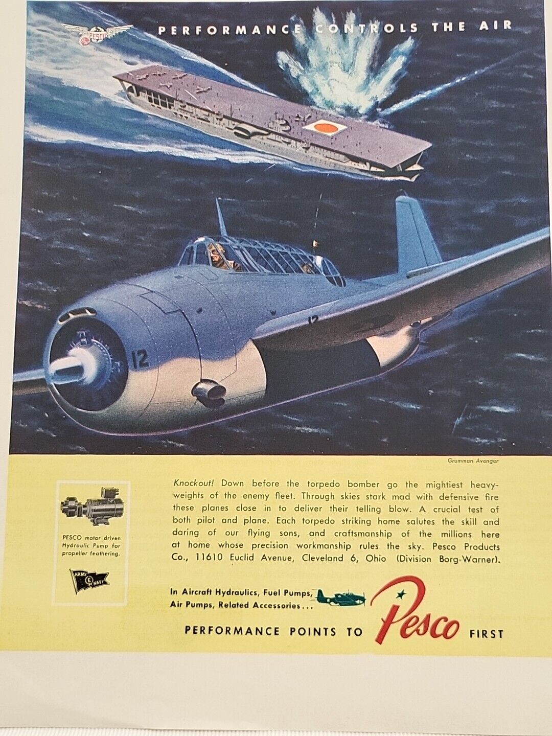 1943 Pesco Aircraft Hydraulics Fortune WW2 Print Ad planes Fighter Pilot Pacific