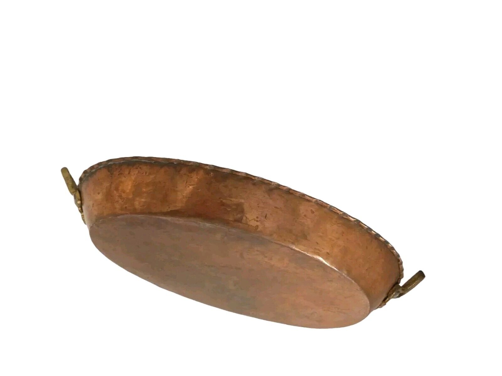 COPPER PAN 14x9 Hammered  Scalloped Edges Brass Handles Farmhouse Cottage Vintag