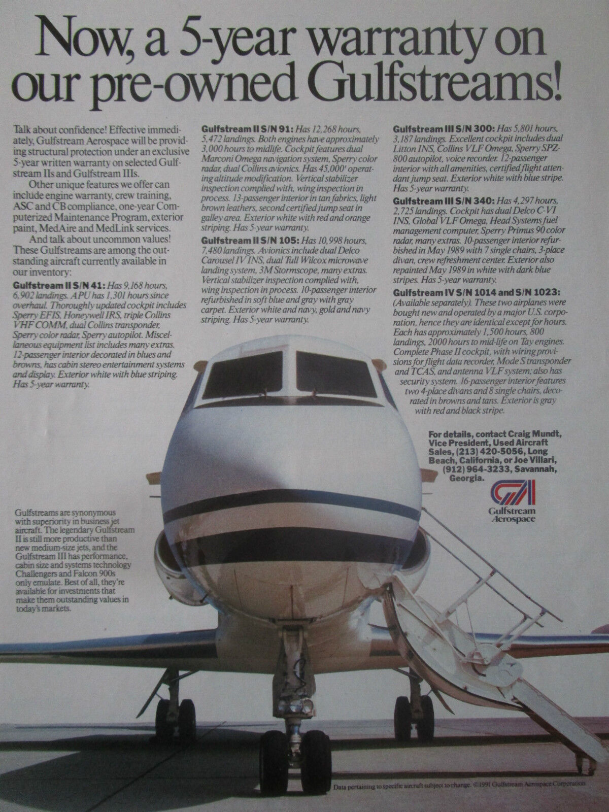 5/1991 PUB GULFSTREAM II III IV EXECUTIVE AIRCRAFT AIRCRAFT AIRCRAFT ORIGINAL AD