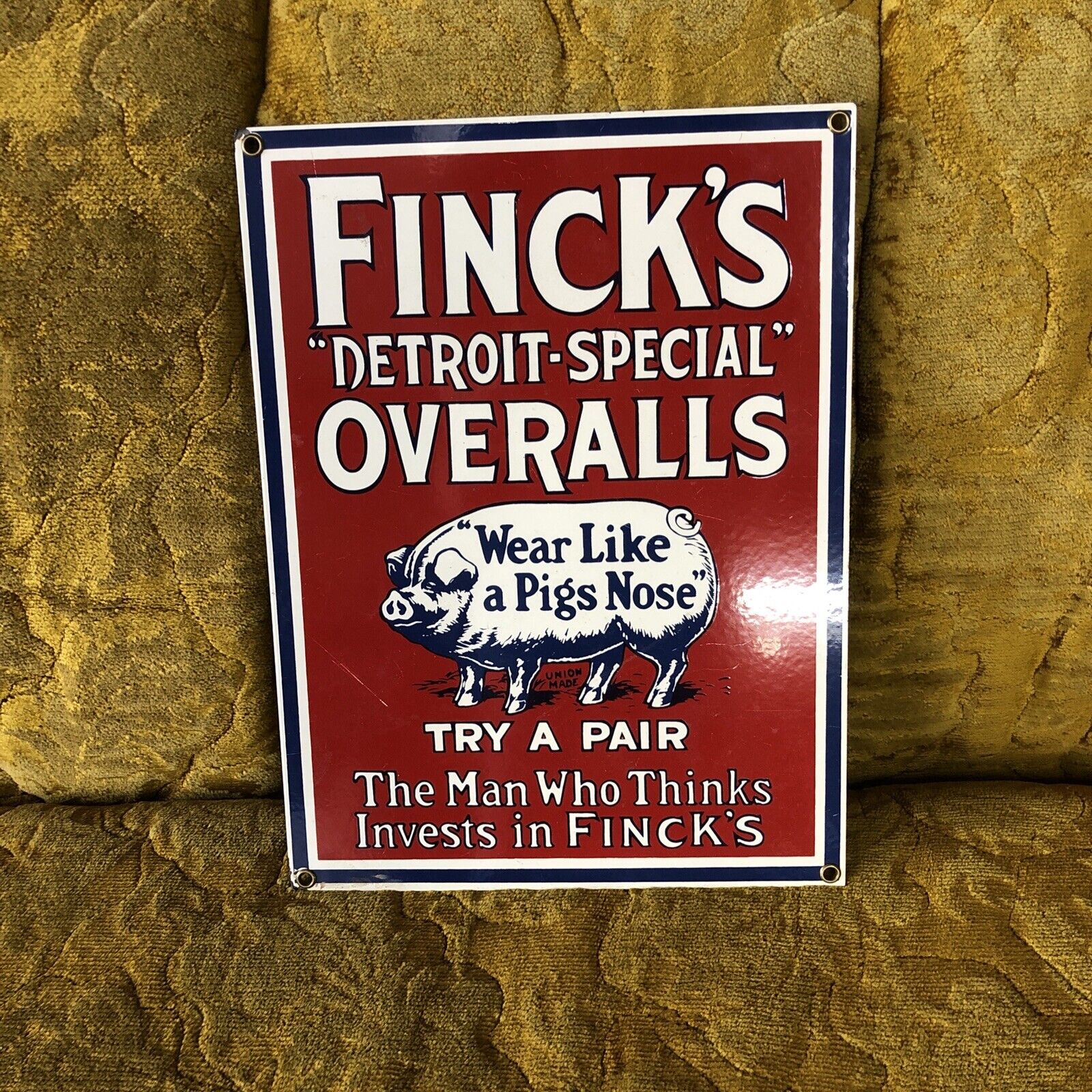 Vintage Fincks Overalls Porcelain 12” Sign Textile Factory Detroit Special Pig